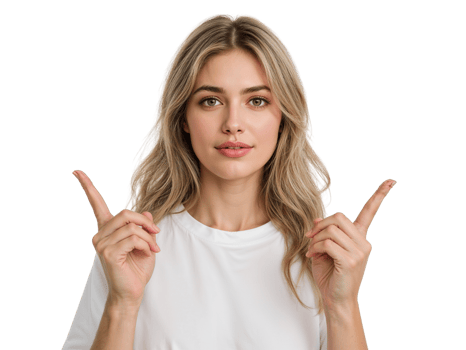 Attractive blonde woman indicating direction upwards with both index fingers isolated on png