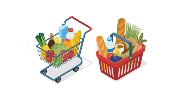 Groceries in Shopping Cart and Basket Fresh Food, Vegetables, and Dairy for Healthy Eating, Lifestyle, and Family Needs Isometric Icon vector