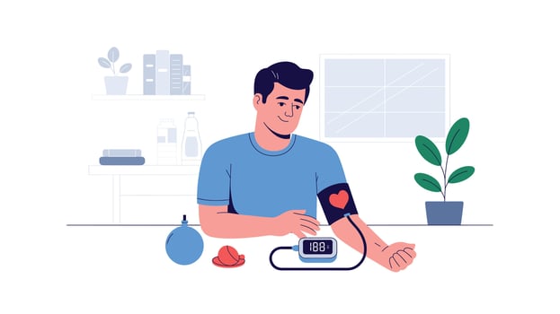 Man checking his blood pressure at home using a digital monitor, showcasing modern healthcare and selfmonitoring for hypertension management with positive health outcomes vector