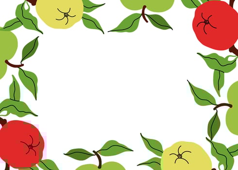 Bright apple frame illustration with green and red apples, leaves on white background. Space for text. Perfect for invitation, autumn promotion, and farmers market ads. Flat illustration. vector