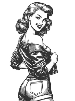 smiling woman turning back, wearing a leather jacket off the shoulder and high-wsted shorts sketch engraving fictional character illustration. Scratch board. Black and white. vector