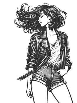 woman in a leather jacket, tube top, and shorts with flowing bob hrstyle and bold attitude sketch engraving fictional character illustration. Scratch board. Black and white. vector