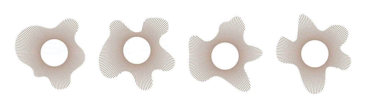 Circular wave set. Sound circle lines. Radial wavy frame pattern. Sound ring. Radial rays. Wavy design element. Equalizer logo, radial spectrum. Voice symbol. Audio music icons. Mocha mousse color. vector