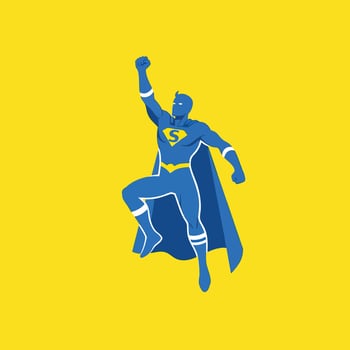 Stylized Blue Superhero with Yellow Emblem and Cape in Dynamic Pose. vector