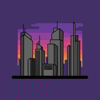 Stylized City Skyline with Sunset Background. vector