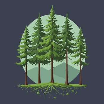 Stylized Evergreen Pine Trees with Exposed Roots and Mountain Landscape. vector