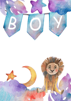 Watercolor baby boy nursery illustration. Hand-painted cute jungle lion png