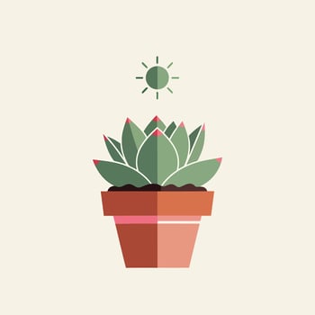 Stylized Echeveria Succulent in Pot with Sun Graphic Above. vector