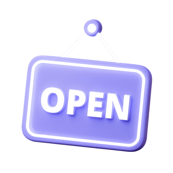 Purple neon-style 3d open sign, retro diner or game shop sign with exaggerated depth, isolated cutout png