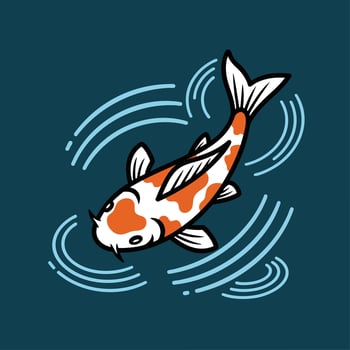 Japanese koi fish illustration with orange and white spots swimming in dark water. vector