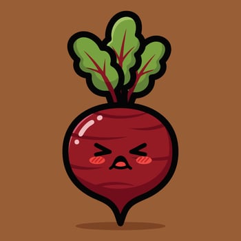 Cute Upset Beetroot with Leaves. vector
