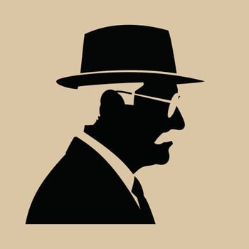 Profile silhouette of an older gentleman wearing a fedora hat glasses and a suit. vector