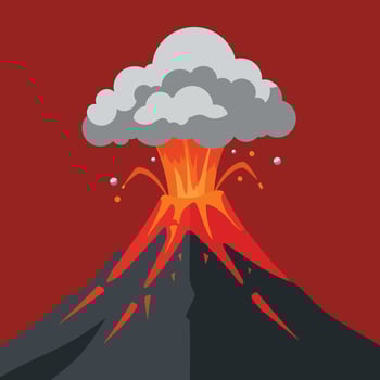 Cartoon style illustration of a volcano erupting with hot lava red flows and a large grey smoke cloud. vector