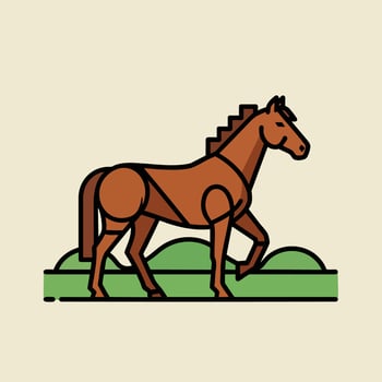 Brown Horse in Geometric Style Walking on Green Grass. vector