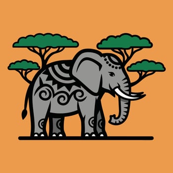 Stylized African Elephant with Tribal Patterns and Acacia Trees. vector