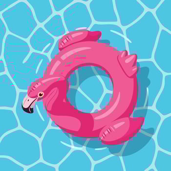 Pink Flamingo Inflatable Pool Ring Floating on Water. vector