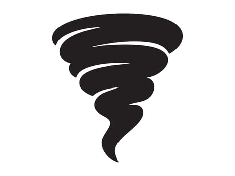 Black silhouette of a tornado or whirlwind icon isolated on white background. concept of weather symbol, storm, natural disaster, climate, meteorology, logo, design element. vector