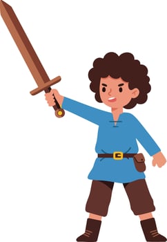 Young boy in blue medieval outfit holding wooden sword ready for battle illustration vector