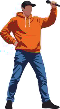 Male singer performing energetic music with microphone in casual orange hoodie and blue jeans illustration vector