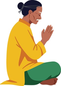 Man in yellow shirt sitting cross-legged meditating in peaceful posture illustration vector