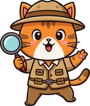 Cute cartoon cat explorer holding magnifying glass wearing safari outfit animal character illustration vector