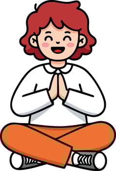 Child meditating in lotus pose with orange pants and red hair for relaxation and mindfulness practice illustration vector