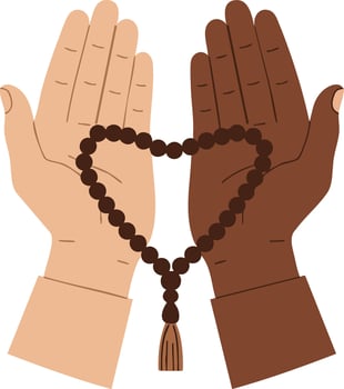 Diverse hands holding prayer beads forming heart shape symbolizing unity and spirituality in illustration vector