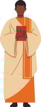 African American Christian priest holding red Bible in white and orange religious robe illustration vector