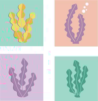 Seaweed illustration with yellow purple and green sea plants in pastel colored squares flat design vector