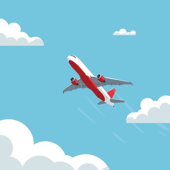 Commercial airplane flying upward through blue sky with white clouds illustration vector