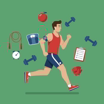 Male runner exercising with fitness equipment including weights, jump rope, and scale on green background illustration vector