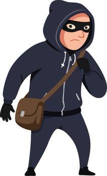 Burglar in black hoodie and mask carrying brown bag suspiciously walking illustration vector