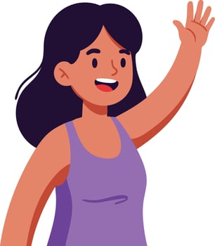 Woman waving hand happily in purple tank top friendly greeting gesture illustration vector