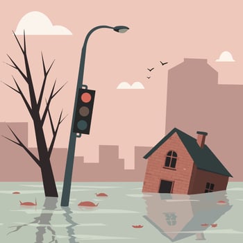 Flooded house and streetlight with traffic light in urban area during flood disaster illustration vector