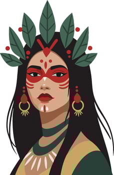 Indigenous woman with traditional face paint and leaf headdress illustration in portrait style vector