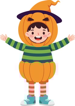 Child dressed in pumpkin Halloween costume with green and orange colors celebrating autumn festival fun vector
