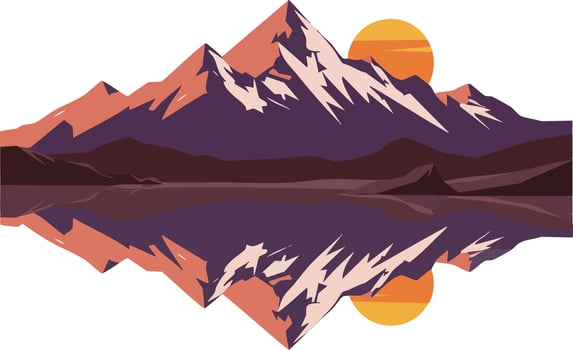 Mountain landscape with sunset and lake reflection in warm colors illustration for nature and outdoors design vector