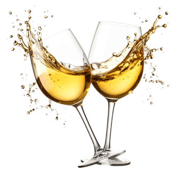 Two celebratory wine glasses with splashing liquid isolated on a transparent background. png