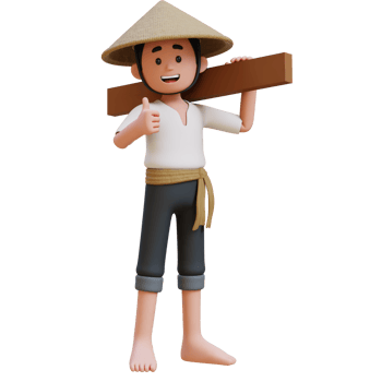 3D Asian Farmer Character gives a thumbs up while working carrying wood. png