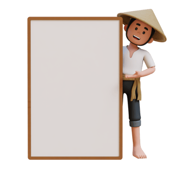 3D Asian Farmer Character standing behind placard and peeking with presenting gesture. png