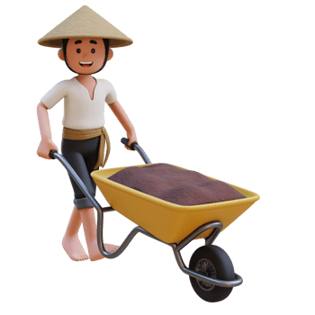 3D Asian Farmer Character working with a wheelbarrow full of fertilizer. png