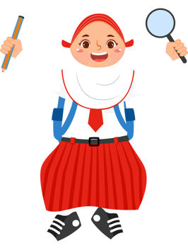 Hijab Girl Elementary School Student Holding Magniflying Glass and Pencil png