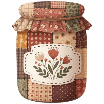 A charming, illustrated jar adorned with a patchwork design, its lid elegantly crafted. The centerpiece showcases a floral design that embodies artistry and creative flair. png