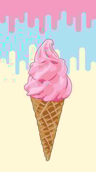 Pink ice cream cone on pastel melted dessert background vector