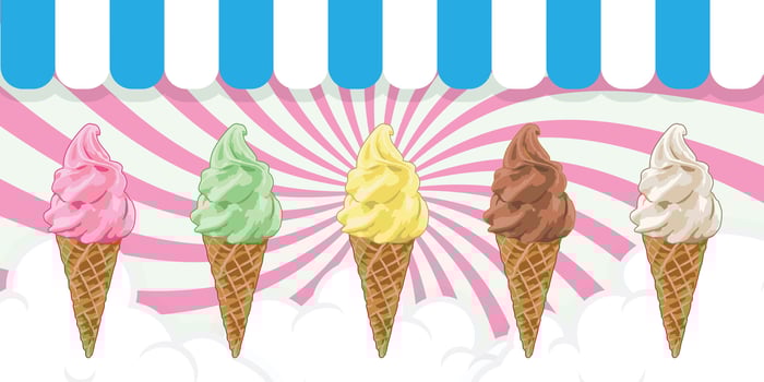 -Colorful ice cream cones on a radial background with swirling patterns. Foreground has colorful clouds and hanging flags. vector