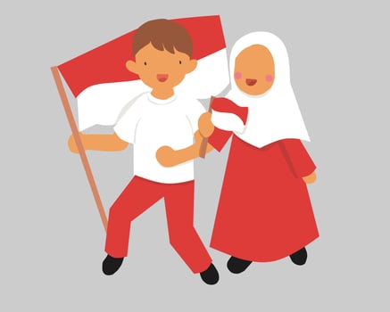 Couple kids holding Indonesian flag illustration vector
