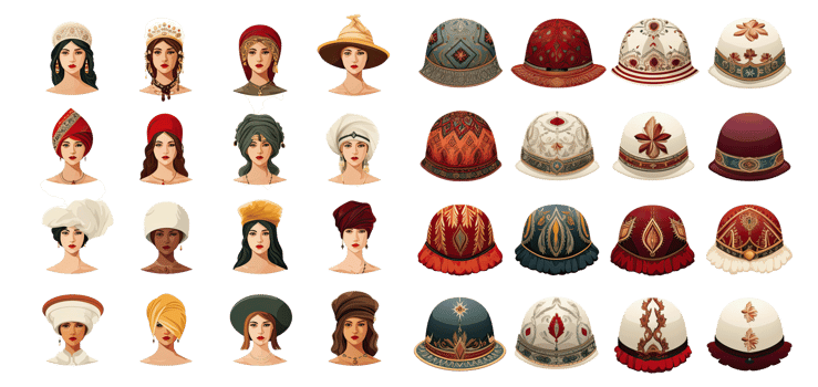 Collection of historical european women s hats isolated on transparent background png