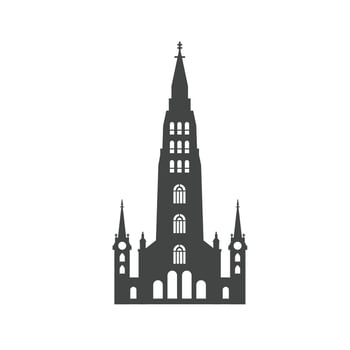 Illustration of church building with tall tower and place in silhouette, icon of european historical building palace, icon of switzerland and european city in flat style vector