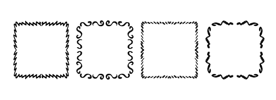 Square hand drawn wavy frame set. Black curly ribbon border collection. Doodled lace cadre frames. Curved squiggly border pack for invitation, wedding party, birthday, greeting card design vector