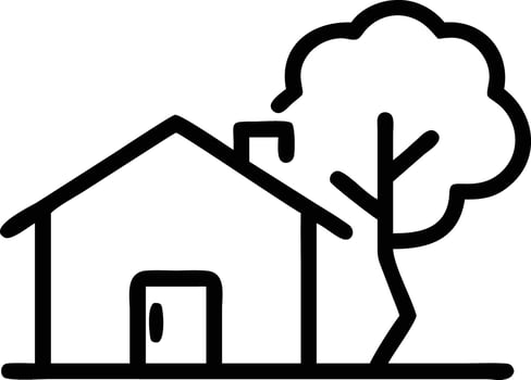Simple outline illustration of a house with chimney and a tree nearby vector